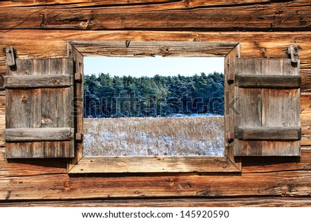 winter landscape view through an open window