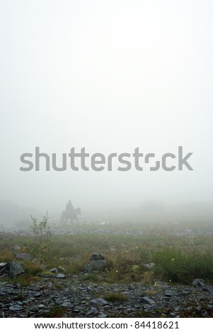 Man is riding a horse in the fog