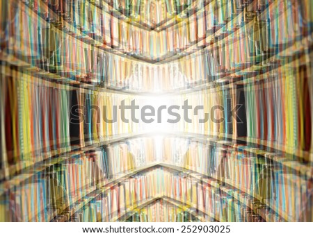 Public library bookshelf, into bright light