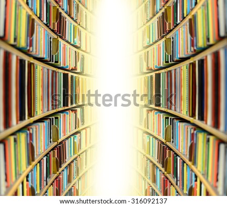 Public library bookshelf, into bright light