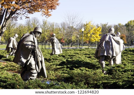 WASHINGTON DC - NOV 6: Korean War Memorial at Washington Mall in Washington DC on NOV 6, 2011. The memorial represent squad on patrol in the Korean War, a war between South Korea and North Korea