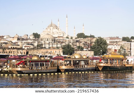 ISTANBUL, TURKEY - may 03: Traditional fish restaurants at sea on may 03, 2014 in Istanbul, Turkey. Traditional fish restaurants are symbol of Eminonu.