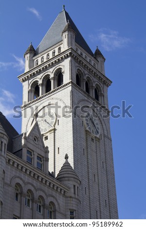 The clock tower of the Old Post Office Building in Washington, D.C.