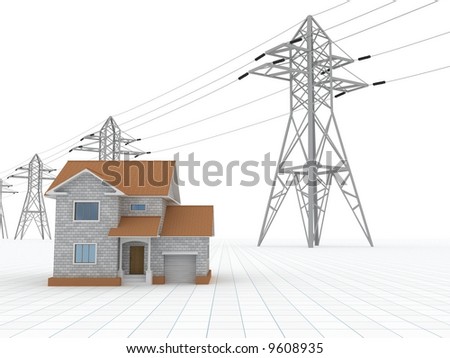 3D model of a house with Electricity Transmission Lines on a white background for real estate and engineering concepts