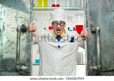 Crazy chemist opens the door to the lab
