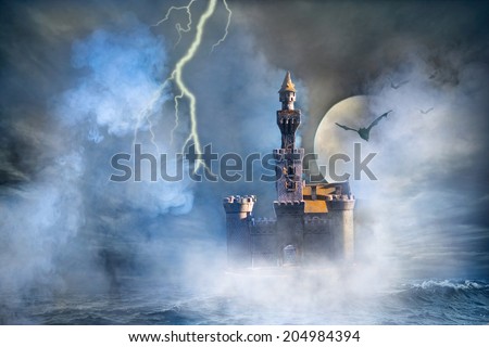 Old fantasy castle with the bats and lightning