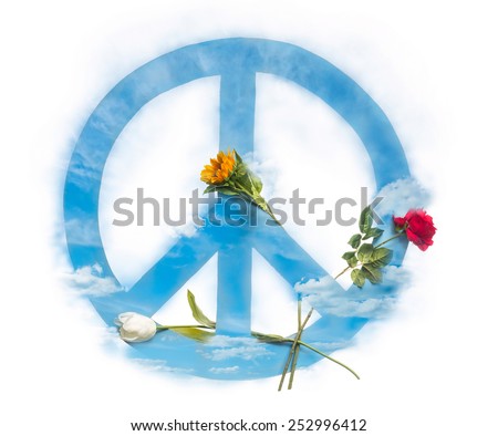 Peace symbols and weapon on the white background