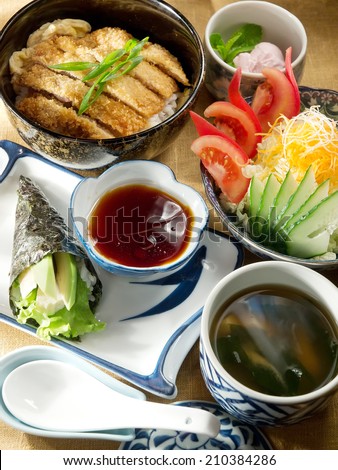 Lunch - Vegetables Salad, Sushi, Miso Soup, Fried Vegetable, Fried meat, Rice and ice cream