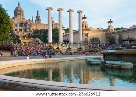 BARCELONA, SPAIN - july 25, 2014. National Museum in Barcelona,Placa De Espanya,Spain. people are going to look at the singing fountain. BARCELONA, SPAIN - july 25, 2014