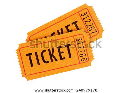 Movie ticket : Two orange movie or theater tickets isolated on white background.