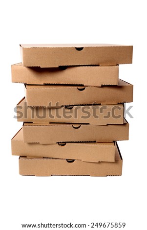 Pizza box : Tall stack of plain brown pizza boxes isolated on white background.