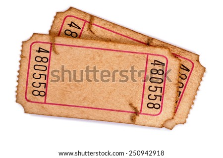 Old ticket : Pair of torn blank movie or raffle tickets isolated on white.  Space for copy.