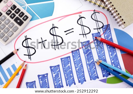 Simple savings or retirement formula written on a hand drawn bar chart surrounded by calculator, books and pencils.