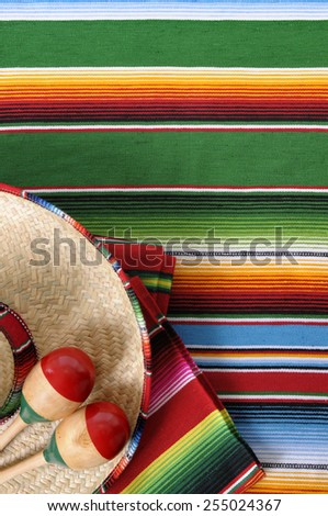 Mexican background, sombrero, blanket, maracas.