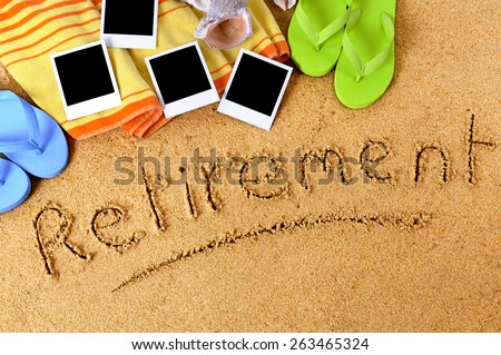 Retirement plan, beach vacation, writing in sand, blank photo prints
