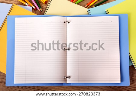 Blank writing book ring binder, student desk, copy space