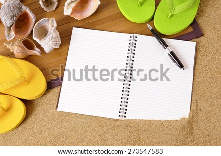 Beach travel plan background, writing book, diary, copy space.