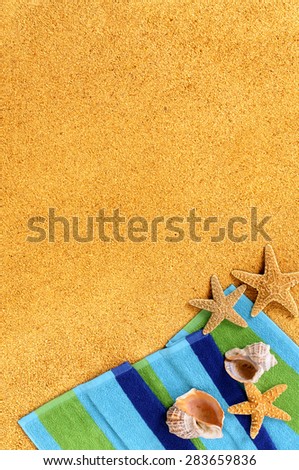 Summer tropical beach background border, starfish, copy space, vertical