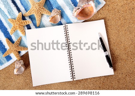 Beach background, blank writing book, summer diary, copy space