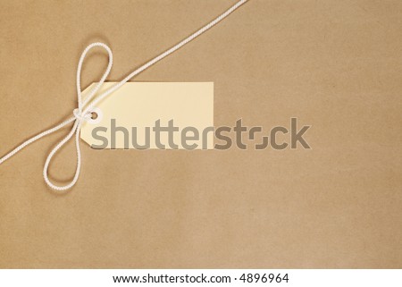 Parcel wrapped in mottled brown paper with nylon string and buff address label.