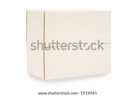 Closed plain white blank cardboard box isolated on white with shadow.  Space for copy.