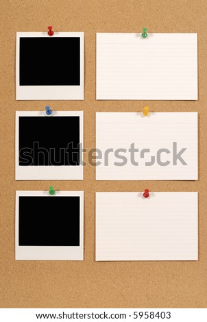 Polaroid photo prints, index cards, cork background