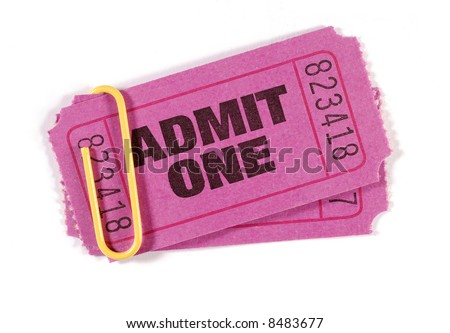 Admit one ticket : Two pink or purple admit one movie or theater tickets with paperclip isolated on white background.