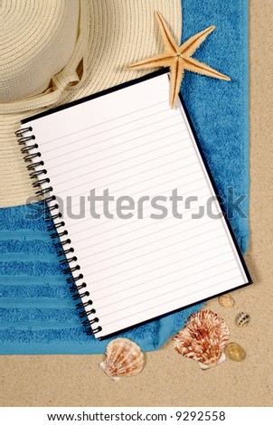 Beach travel background, blank writing book, copy space, vertical