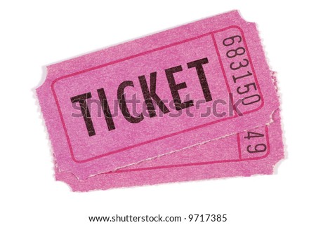 Two purple or pink movie, concert or raffle tickets isolated on a white background.