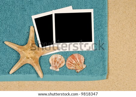Polaroid frame, photo print, beach towel, starfish, seashells.