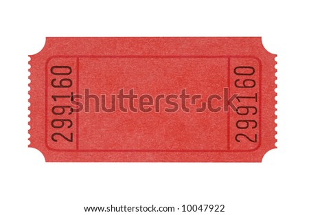 Blank ticket : plain blank red movie or raffle ticket isolated on white background.  Space for copy.  Movie ticket, isolated ticket collection.