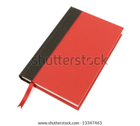 Plain red and black hardback book with red ribbon bookmark isolated on a white background.