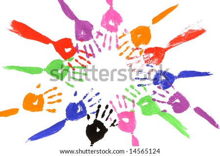 Untidy circle of child arms and handprints made from vivid acrylic paint on white paper