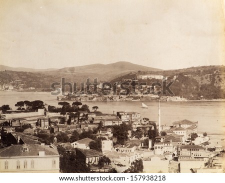 ISTANBUL, TURKEY - CIRCA  1900\'s :Cityscape in old Istanbul, Bosphorus Strait and Asian Side on the other shore