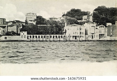 ISTANBUL, TURKEY - CIRCA 1900\'s :Cityscape in old Istanbul, Bosphorus Strait and Asian Side on the other shore