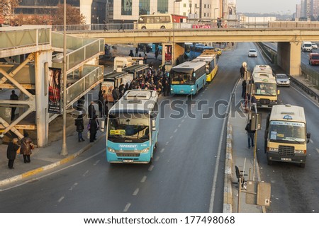 ISTANBUL, TURKEY - JANUARY 08: Yenibosna district in istanbu..Metrobus, a part of public transportation system, eases the traffic in Istanbul on January 08, 2014 in Istanbul, Turkey