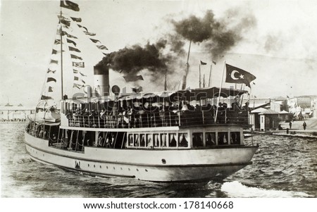 IZMIR, TURKEY - CIRCA 1900\'s :Vintage cityscape of izmir, Old passenger ship.Turkey, circa 1900s.