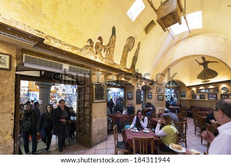 ISTANBUL - MARCH 22:Sark kahvesi in Grand Bazaar.People are taking a brake in one of cafes at Grand Bazaar in Istanbul. March 22, 2014 in Istanbul, Turkey