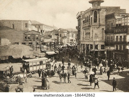 ISTANBUL, TURKEY - CIRCA 1900\'s :Cityscape in old Istanbul, Bosphorus Strait and Asian Side on the other shore .Turkey, circa 1900s.