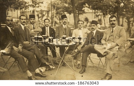 ISTANBUL, TURKEY - CIRCA 1950\'s :Old scene of Turkish people.Turkish people meeting.Circa 1950\'s