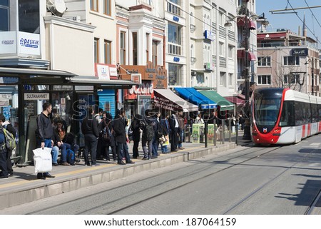 ISTANBUL - March 14: A modern tram on Sirkeci on March 14, 2014 in Istanbul. Due to increasing traffic & air pollution, Istanbul became one of most polluted city also planned for return of tram.