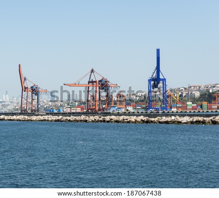 ISTANBUL, TURKEY - APRIL 10:Container ship with full of cargo docked in port on April 10, 2014 in Istanbul. Haydarpasa Port has a capacity of 1,200 vessels/year with open storage area of 350,000m2.