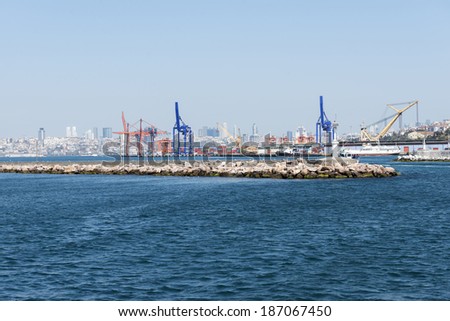 ISTANBUL, TURKEY - APRIL 10:Container ship with full of cargo docked in port on April 10, 2014 in Istanbul. Haydarpasa Port has a capacity of 1,200 vessels/year with open storage area of 350,000m2.