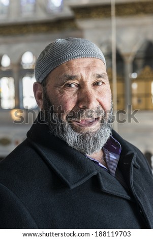 ISTANBUL, TURKEY - MARCH 14, 2014: Turkish Muslim man with beard portrait.Old happy man.