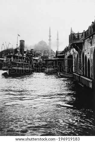 ISTANBUL-Turkey,Cir ca 1920's :Vintage cityscape of Istanbul, Eminonu district in istanbul.Turkey.Cir ca 1920's