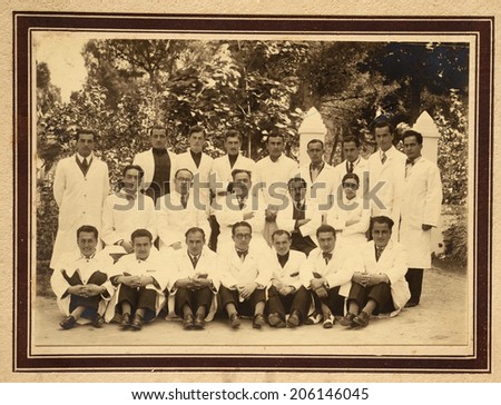ISTANBUL-Turkey, Circa 1940s : Vintage group photo.Young doctors looking at camera