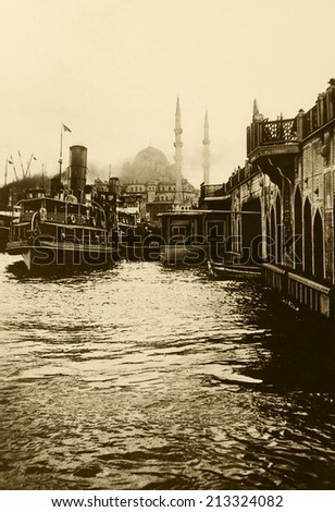 ISTANBUL-Turkey,Cir ca 1920\'s :Vintage cityscape of Istanbul, Eminonu district in istanbul.Turkey.Cir ca 1920\'s