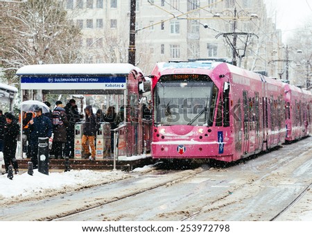 ISTANBUL, TURKEY - FEBRUARY 18, 2015: istanbul winter  a day.Modern tram on Sultanahmet District.Istanbul is a modern city with a developed infrastructure.