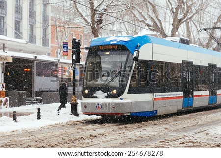 ISTANBUL, TURKEY - FEBRUARY 18, 2015: istanbul winter a day.Modern tram on Sultanahmet District.Istanbul is a modern city with a developed infrastructure