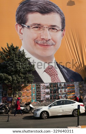 ISTANBUL, TURKEY - OCTOBER 19, 2015: Billboards of Turkey\'s Prime Minister and leader of the Justice and Development Party (AKP) Ahmet Davutoglu in Istanbul, Turkey.